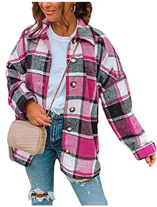 Yeokou Women's Fall Color Block Plaid Flannel Shacket Jacket Button Down Shirt Coat Tops