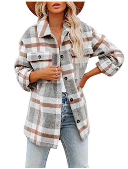 Yeokou Women's Fall Color Block Plaid Flannel Shacket Jacket Button Down Shirt Coat Tops