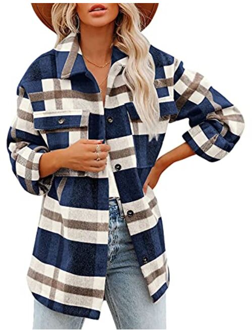 Yeokou Women's Fall Color Block Plaid Flannel Shacket Jacket Button Down Shirt Coat Tops