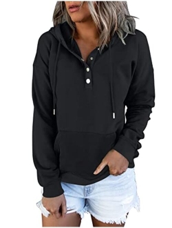 ETCYY Women's Color Block Hoodies Tops Long Sleeve Casual Drawstring Button Down Pullover Sweatshirt with Pocket