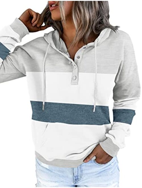 ETCYY Women's Color Block Hoodies Tops Long Sleeve Casual Drawstring Button Down Pullover Sweatshirt with Pocket