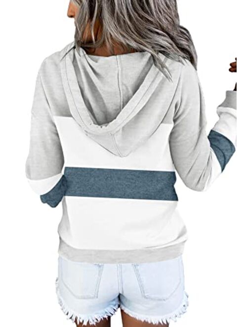 ETCYY Women's Color Block Hoodies Tops Long Sleeve Casual Drawstring Button Down Pullover Sweatshirt with Pocket