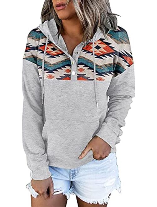 ETCYY Women's Color Block Hoodies Tops Long Sleeve Casual Drawstring Button Down Pullover Sweatshirt with Pocket