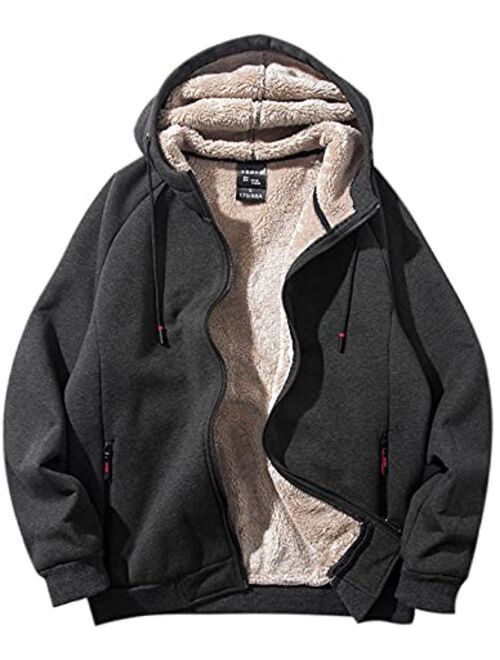 Yeokou Men's Outdoor Warm Sherpa Lined Zipper Hooded Sweatshirt Jacket Pocket