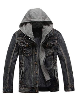 Yeokou Men's Vintage Fleece Lined Button Up Removable Hooded Denim Jackets