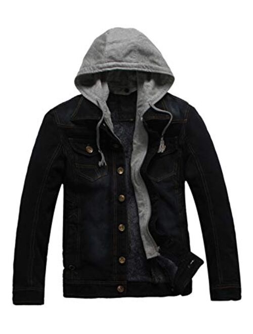 Yeokou Men's Vintage Fleece Lined Button Up Removable Hooded Denim Jackets