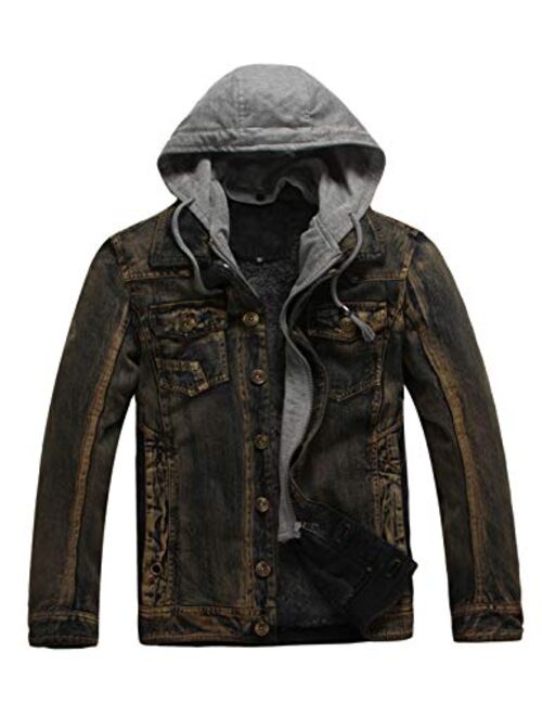 Yeokou Men's Vintage Fleece Lined Button Up Removable Hooded Denim Jackets