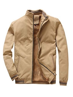 Yeokou Mens Fleece Lined Warm Solid Casual Windbreaker Stand Collar Bomber Jackets