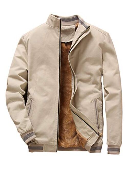 Yeokou Mens Fleece Lined Warm Solid Casual Windbreaker Stand Collar Bomber Jackets