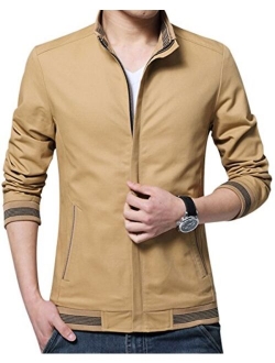 Yeokou Men's Casual Slim Fit Stand Collar Zip Up Lightweight Cotton Jacket Coat