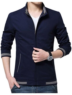 Yeokou Men's Casual Slim Fit Stand Collar Zip Up Lightweight Cotton Jacket Coat