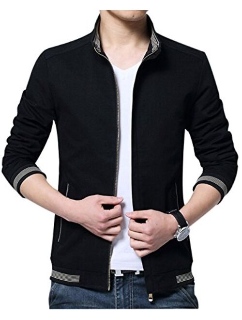 Yeokou Men's Casual Slim Fit Stand Collar Zip Up Lightweight Cotton Jacket Coat