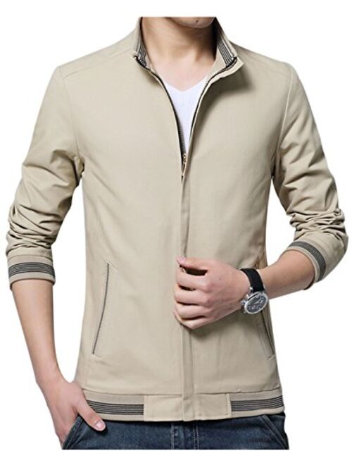 Yeokou Men's Casual Slim Fit Stand Collar Zip Up Lightweight Cotton Jacket Coat