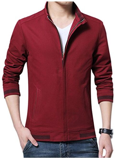 Yeokou Men's Casual Slim Fit Stand Collar Zip Up Lightweight Cotton Jacket Coat