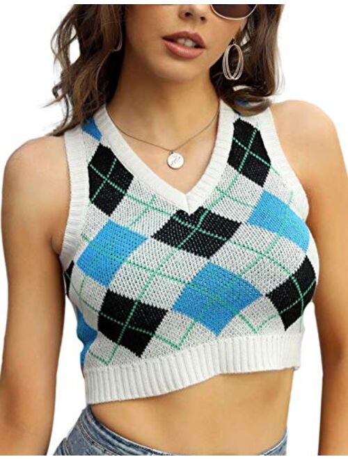 Yeokou Argyle Sweater Vest Women Y2K Plaid Streetwear Preppy Style V Neck Knitted Crop Knitwear