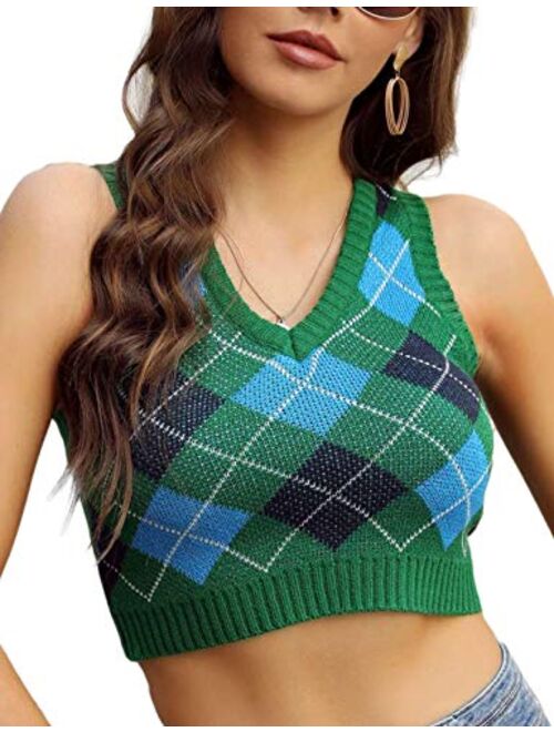 Yeokou Argyle Sweater Vest Women Y2K Plaid Streetwear Preppy Style V Neck Knitted Crop Knitwear