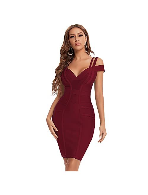 BEAUKEY Off Shoulder V Neck Bodycon Bandage Dresses for Women