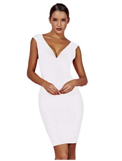 whoinshop Women Rayon V-Neck Cross Front Bodycon Club Night Out Bandage Dress