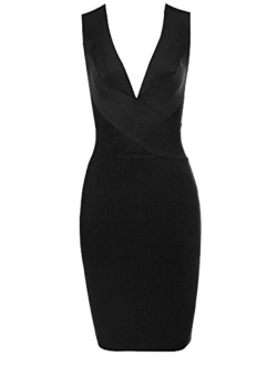 whoinshop Women Rayon V-Neck Cross Front Bodycon Club Night Out Bandage Dress