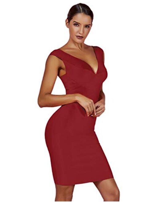 whoinshop Women Rayon V-Neck Cross Front Bodycon Club Night Out Bandage Dress