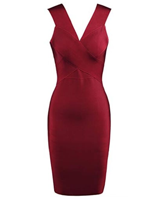 whoinshop Women Rayon V-Neck Cross Front Bodycon Club Night Out Bandage Dress