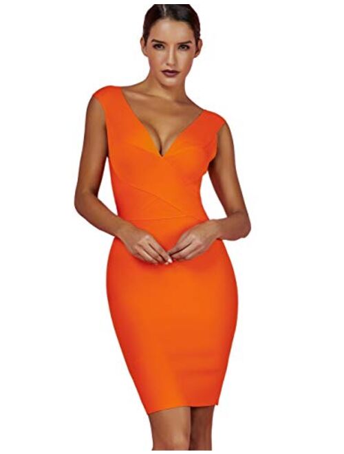 whoinshop Women Rayon V-Neck Cross Front Bodycon Club Night Out Bandage Dress