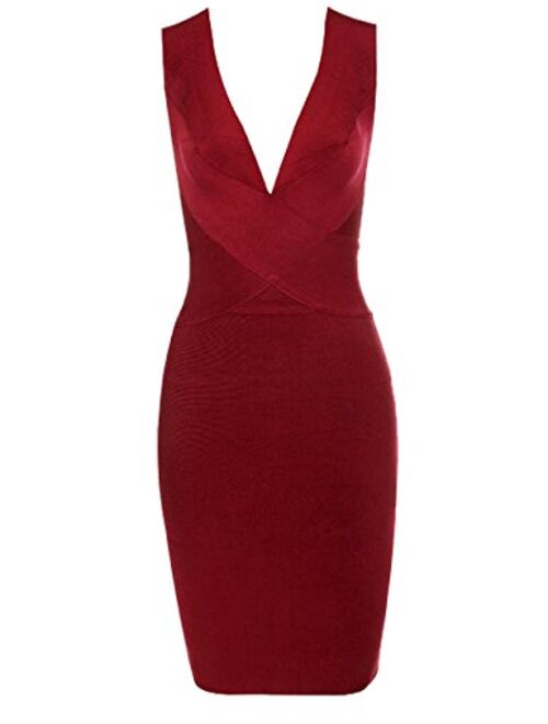 whoinshop Women Rayon V-Neck Cross Front Bodycon Club Night Out Bandage Dress