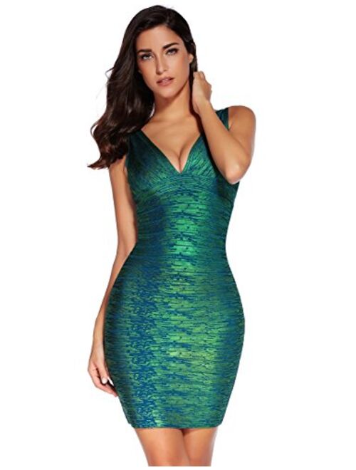 meilun Women's Rayon Sexy V-Neck Bandage Bodycon Strap Foil Club Dress