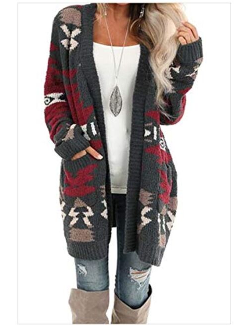 Yeokou Womens Casual Long Sleeve Printed Open Front Knit Wrap Cardigan Jacket