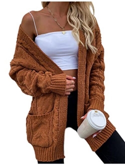 Yeokou Women's Cable Knit Sweater Loose Fit Long Sleeve Cardigan Outerwear with Pocket