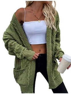 Yeokou Women's Cable Knit Sweater Loose Fit Long Sleeve Cardigan Outerwear with Pocket