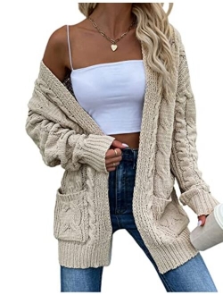 Yeokou Women's Cable Knit Sweater Loose Fit Long Sleeve Cardigan Outerwear with Pocket