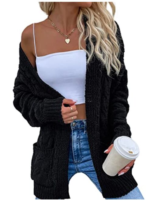 Yeokou Women's Cable Knit Sweater Loose Fit Long Sleeve Cardigan Outerwear with Pocket