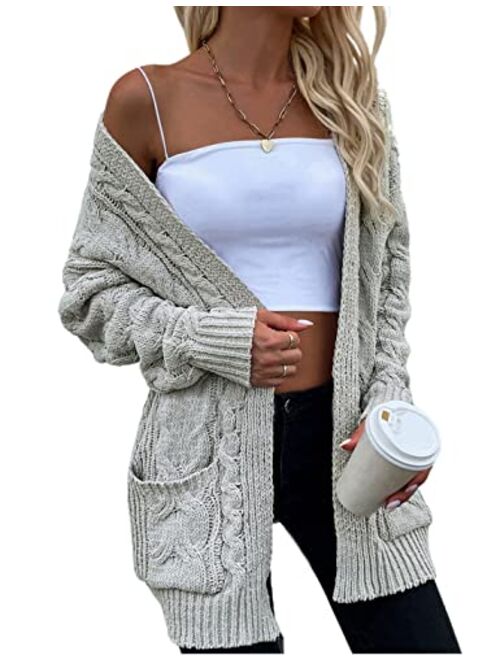 Yeokou Women's Cable Knit Sweater Loose Fit Long Sleeve Cardigan Outerwear with Pocket