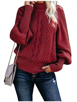 Yeokou Women's Vintage Mock Turtleneck Puff Sleeve Cable Knit Pullover Sweaters Tops