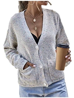 Yeokou Women's Casual V Neck Button Down Long Sleeve Sweater Cardigan with Pockets