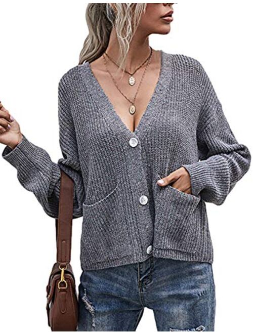 Yeokou Women's Casual V Neck Button Down Long Sleeve Sweater Cardigan with Pockets