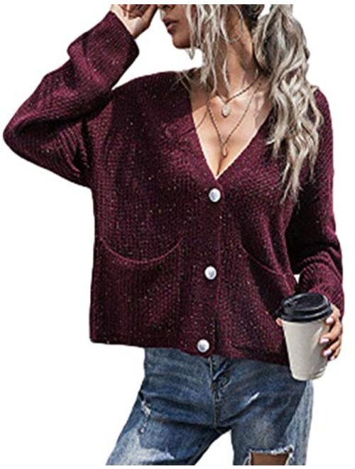 Yeokou Women's Casual V Neck Button Down Long Sleeve Sweater Cardigan with Pockets