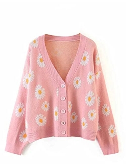 Yeokou Womens Flower V Neck Cable Knit Cardigan Long Sleeve Open Front Crop Tops Outwear