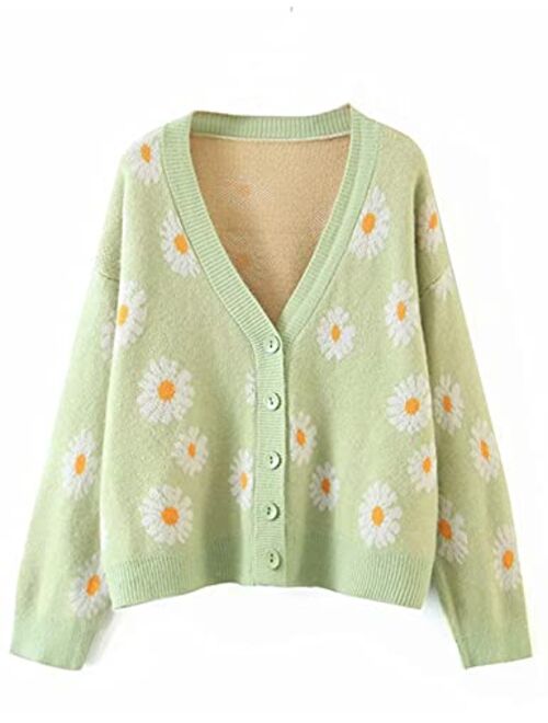 Yeokou Womens Flower V Neck Cable Knit Cardigan Long Sleeve Open Front Crop Tops Outwear