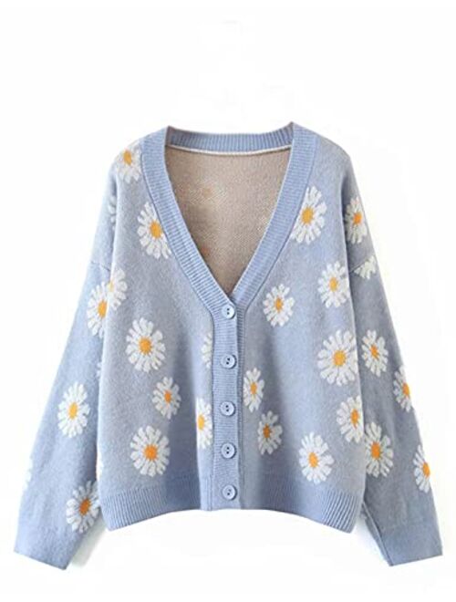 Yeokou Womens Flower V Neck Cable Knit Cardigan Long Sleeve Open Front Crop Tops Outwear