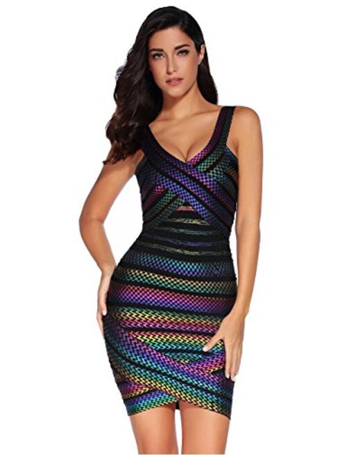 meilun Women's Bandage Dress V-Neck Sleeveless Bodycon Foil Dress