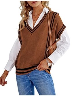 Yeokou Womens V Neck Sweater Vests Y2k Uniform Sleeveless Cable Knit Tops