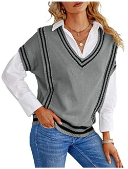 Yeokou Womens V Neck Sweater Vests Y2k Uniform Sleeveless Cable Knit Tops