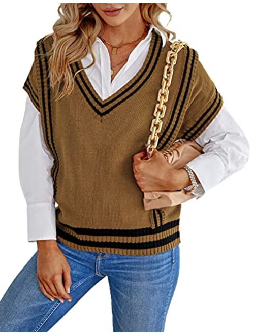 Yeokou Womens V Neck Sweater Vests Y2k Uniform Sleeveless Cable Knit Tops