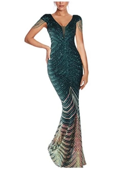 Meilun Women's V Neck Sequins Mermaid Gown Long Prom Evening Party Dress