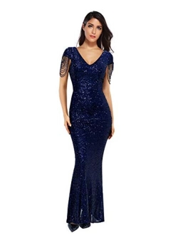 Meilun Women's V Neck Sequins Mermaid Gown Long Prom Evening Party Dress