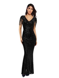 Meilun Women's V Neck Sequins Mermaid Gown Long Prom Evening Party Dress