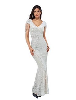 Meilun Women's V Neck Sequins Mermaid Gown Long Prom Evening Party Dress