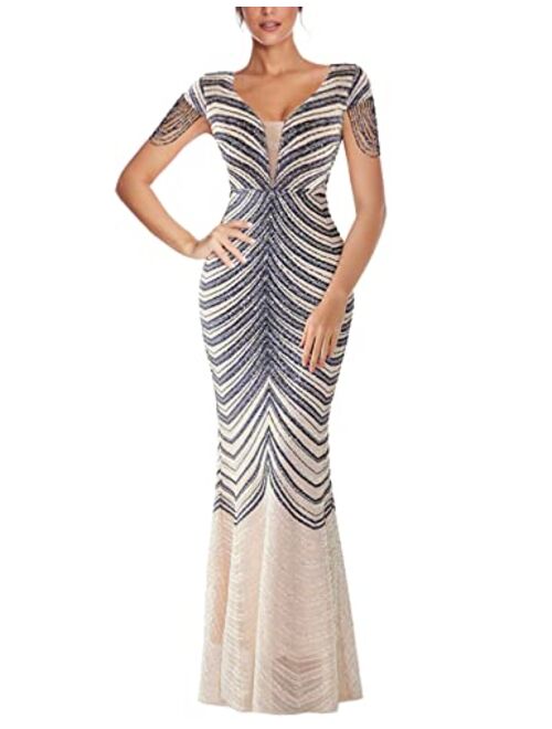 Meilun Women's V Neck Sequins Mermaid Gown Long Prom Evening Party Dress